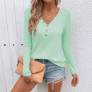 Waffle V-neck Buttons Long Sleeve T-shirt
