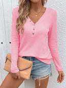 Waffle V-neck Buttons Long Sleeve T-shirt