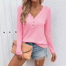 Waffle V-neck Buttons Long Sleeve T-shirt